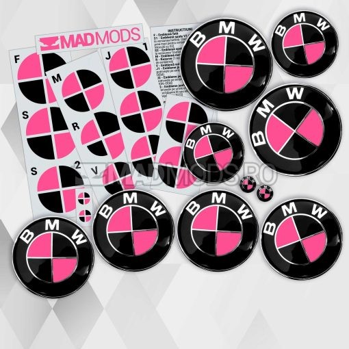 Set stickere embleme BMW culoare negru cu roz pentru seria 1 2 3 4 5 6 7 8 X i